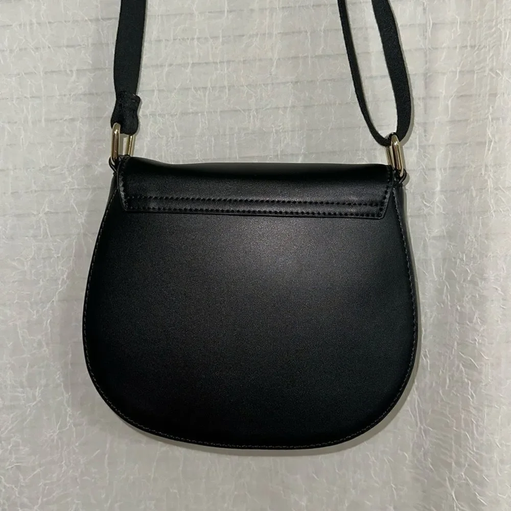 Ted Baker Darcell Black Faux Leather Gold Tone Logo Textured Grosgrain Strap Bag